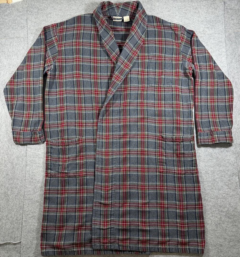 L.L.Bean Flannel Bathrobe Mens XL Gray Red Plaid Cotton Shawl Collar Sleepwear